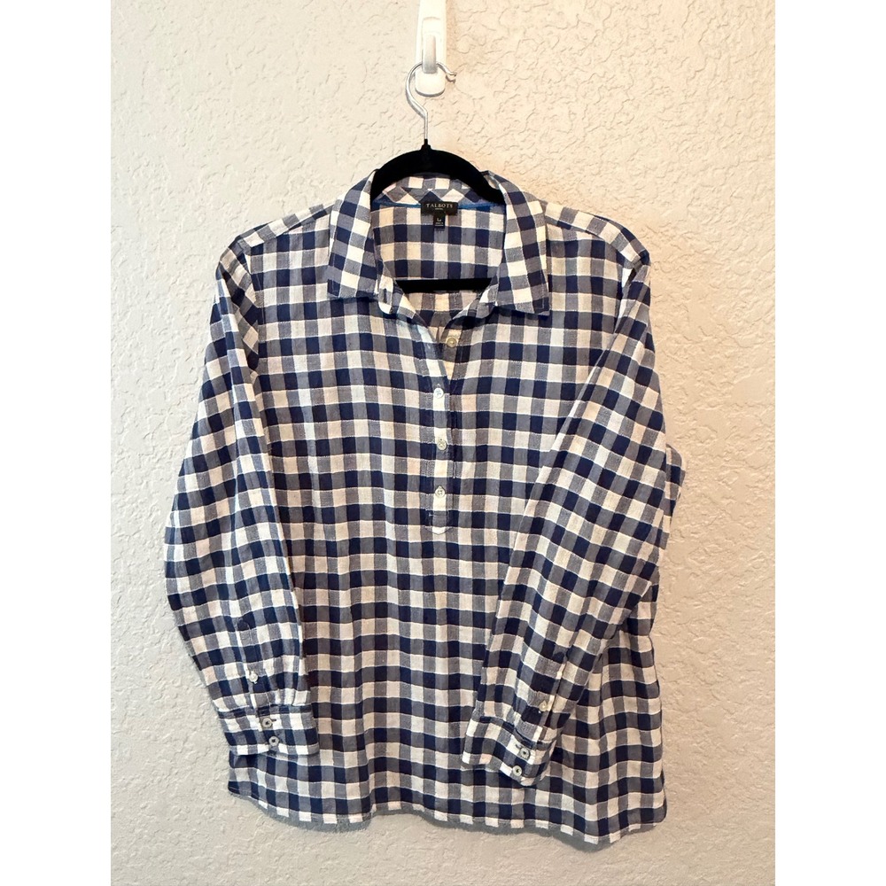 Talbots Gingham Popover Blouse Large Petite Preppy Coastal Classic